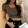 Herr t-shirts Summer Womens Short Seve T-shirt Y2K Crop Top FA Solid Color Sexig Slim Fit Round Neck Clothing 2024 H240508