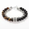 Link Bracelets Chain Tiger Eye Stone Beaded Men's Bracelet For Men Stainless Steel Gunmetal Yoga Viking Male Jewelry 287n