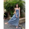 Lässige Kleider Vintage Schwarzes Jeanskleid für Frauen Blumendruck Spaghetti-Gurt Slim A-Line Jean Vestidos weiblich weiblich schick long