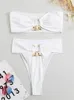 Luxe metalen ontwerper High Taille Bikini's Sets Women Solid White Black Bandeau Push Up Swimwear Bathing Suit Thong Swimsuit 240508