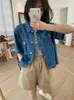 Damesjacks Koreaanse stijl oversized denim jas dames 2024 zomeromslag kraag met korte mouwen met korte mouwen met pocket bovenkleding jassen