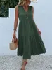 Grundläggande avslappnade klänningar Jim Nora Casual Summer Midi Dress Womens ärmlös Tank Top V-Neck-knapp Ruffled Loose Dress Beach Solid Sundress Fashion XW
