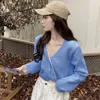 Kadın Ceketleri Kadınlar Sonbahar Uzun Kollu Kazak hırkalı seksi v-yakalı düğme aşağı kırpılmış ceket tatlı katı şeker renk gevşek örgü