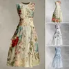 Casual Dresses Party for Women Floral Print ärmlös O Neck Vintage Plus Size High midje Ruffle Patchwork A Line Prom Wedding Dress