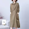 Casual Dresses Solid Vintage for Women 2024 Loose Cotton Polo Collar Long Sleeve Office Lady Pleated Vestidos Femme