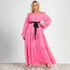 Robes de taille plus élégante robe de fête maxi pour femmes vêtements rose manches évasées au large de l'épaule bal swing courbe