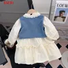 Girl Dresses Girl Girl Corean Spring Autumn Dress 2024 Beige Princess Blue Denim Set Bambiestri per bambini