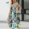 Sıradan elbiseler kadınlar için yaz plaj gevşek yuvarlak boyun kolsuz midi a-line salıncak elbise sundress ile cepler vestido feminino