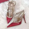 10cm Rivet Heels Sandals Rivets Dress Shoes Valentine Shoes Designer Pointed Toe Patent Leather Women Studded Strappy With Studs