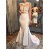 2021 Elegant White Satin Mermaid Se genom Prom Dress Lace -applikationer ärmlösa aftonklänningar Vestidos de Noivas Sexig 0509
