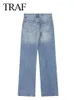 Traf women modes patchwork hohe taille gefälschte denimhose weibliche vielseitige street blaue jeans weite beinhose 240423