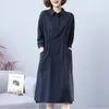 Casual Dresses Solid Vintage for Women 2024 Loose Cotton Polo Collar Long Sleeve Office Lady Pleated Vestidos Femme