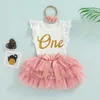 Kleidungssets Baby Girl First Birthday Outfit Fly Sleeve Spitze Strampler Tutu -Rock Set mit Stirnband H240508