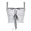 Sweet White Women Top Camisole Shirring Cutecore Front Tie-up Summer Crop Tops Split Coquette Clothes Lolita Kawaii 240508