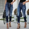 Frauen Jeans Deep Blue Holoe Quaste Button High Taille Slim Small Feant Hosen Frauen lässiger Weichmacher Fit 2024 Mode HT211