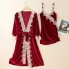 Women's Robe Womens Autumn Winter Velvet Nightgown Lace Home Clothes Loose Casual Nightwear Two Piece Sexy Spaghetti Strap Nighty robe Set