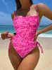 Fissure de bain rose en rose en un morceau de maillot de bain de maillot de bain de maillot de bain coréen style bikini floral de la plage sexy.