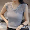 Kvinnors tankar Summer Korean Fashion V-ringning Lace Patchwork Pullover Knit ärmlös tank fast perspektiv Sexig Ice Silk Sling Top