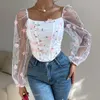 Französisch eng anliegender Korsett florale Gaze Langarmed Erntedach Top Sommer Spitze Rückenfreier Fischknochen Bastian Tanp Top Damen eng sitzende Kleidung 240508