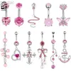 Anéis do umbigo nova série rosa Golou a barriga anéis de coração de zircão cruzado de zircão curvo Piercing da barriga para mulheres jóias corporais 1.6mm*10mm D240509