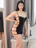 Grundläggande casual klänningar Tvådelklänning Sexig kvinnor Bandage Side Hollow Mini Dress Low Cut Backless Shoulder Strap Pencil Dress Elastic Hip Up Club Evening Dressl2405