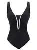 Women's Swimwear Fitshinling Backless Women Bikini Sets Swimwear Black Sexy Hot Swimsuit One Piece Bodysuit Beach Holiday Black Suits T240508