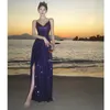 Casual Dresses Ladies French High-end Sexy Sequin Floor Mopping Evening Dress Women Super Long Lowcut V-neck Strap Blue Style Vestidos2024