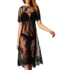 Nouvelle femme robe en dentelle décontractée longue noire à manches courtes o cou voir à travers la plage robes 2052541