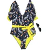 Kvinnors badkläder 2024 Skriv ut djupa V-ringning ruffle baddräkt Push Up One Piece Beach Wear Backless Monokini