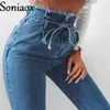 Jeans pour femmes mode décontractée de streetwear d'automne féminin hipster femelle à lacets serrés hauts hauts lavables pantalon crayon denim dame pantalon