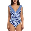 Damen Badebekleidung blaue Schmetterlinge ein Stück Badeanzug schwarzes Netz sexy klassischer Klassiker Rückenless Bodysuit Indigo Aquarelle