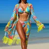 Dames badmode rode print 2-delige zwempak voor vrouwen lange mouw cover-ups Tassel strips bikini lage taille string