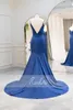 Feestjurken Ruolai Spaghetti-riem avondjurk Blue Color V-Neck Mermaid Sexy Satin Fabric-jurken voor vrouwen LDC6632