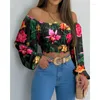 Women's T Shirts 2024 Spring Summer Clothing Off-Shoulder Long Sleeve Printed Casual Top