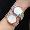 High Quality Hip Hop Colorful Watch 316L Stainless Steel Case Cover Full Diamond Crystal Strap Watches Quartz Wrist Watches Rapper Jewl 224S