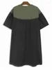 Robes de fête Femmes Green TopStitched Color-block grande taille Robe midi Round couche à manches courtes Fashion Spring Black X808