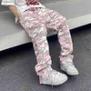 Мужские брюки Harajuku камуфляж женских грузовых брюк хип-хоп молния с несколькими карманами розовые камуфляжные микроэлементы Micro Flash Mens Y2K Ultra-Thin Fitting Clothingl2405