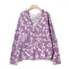 Women's Knits Purple Floral Print V-neck Pearl Buttoned Knitted Sweater Cardigan