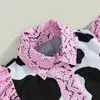 衣料品セット西幼児の女の子のデニムの衣装フリルのノースリーブの牛のプリントシャツボタンダウントップスベルトワイドレッグジーンズショーツH240508
