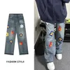 Street Creative Lettera Vintage Petalo ricamato a jeans Woman Spring e Autunno sciolto gamba dritta larga pantaloni in denim 240509