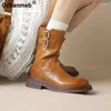 Stiefel Ochanmeb Frauen echtes Leder -Doppelgürtel Schnalle Runde Zehen Motorrad Frau Braune mittlere Absatzplattform Reißverschluss Schuhe
