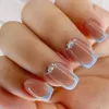 Y2K 24 Pcs Medium Square Press On Nails Pink And Blue French Style False Nails With Rhinestone Shiny Reusable For Women 240509
