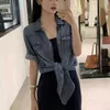 Women's Blouses & Shirts designer High end MIU Home American Lazy Leisure Light and Thin Small Letter Embroidered Lace up Denim Shirt 99N1