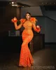 2024 Plus Size Orange Prom -klänningar för speciella tillfällen promdress illusion fjäder långa ärmar pärlspetsar födelsedagsklänning andra mottagning klänning am855