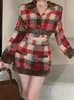 Werkjurken Harajpee American Red Plaid Set Women herfst winter hoge taille retro verdikte korte jas rok tweedelig sets