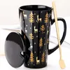 Creative Black White Mug Set Couple Cup with Lid Spoon Personality Milk Juice Coffee Tea Water Cups Easy Carry Travle Home Mug T200506 333D