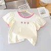 T-shirts Baby Girls Kort ärm T-shirt Childrens Bubble Sleeve Top T-Shirt 3D Flower Drawing 2024 Summer Childrens Clothing Casuall240509