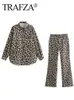 Anderen Apparel Trafza Women Fashion Leopard Print Blouse Pant Suit Long Slet Shirt + High Taille Trousers Summer Y2K Vrouw Strtwear Sets Y240509