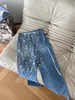 Ljusblå hög midja nisch löst ben jeans, kvinnors spets kjol skiktad kostym
