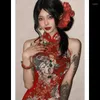 Abiti casual in stile cinese vintage abito floreale slim floreale Donne estate sexy senza maniche femminile elegante forcella aperta corsetto 2024